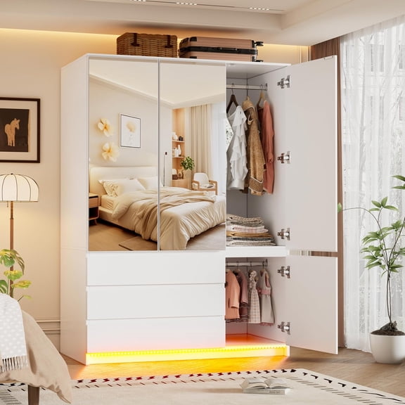 PAKASEPT Armoire Wardrobe Closet with 3 Doors & 2 Mirror & Lights, Freestanding Closet Wardrobe Cabinet for Bedroom with Hanging Rod and Shelves