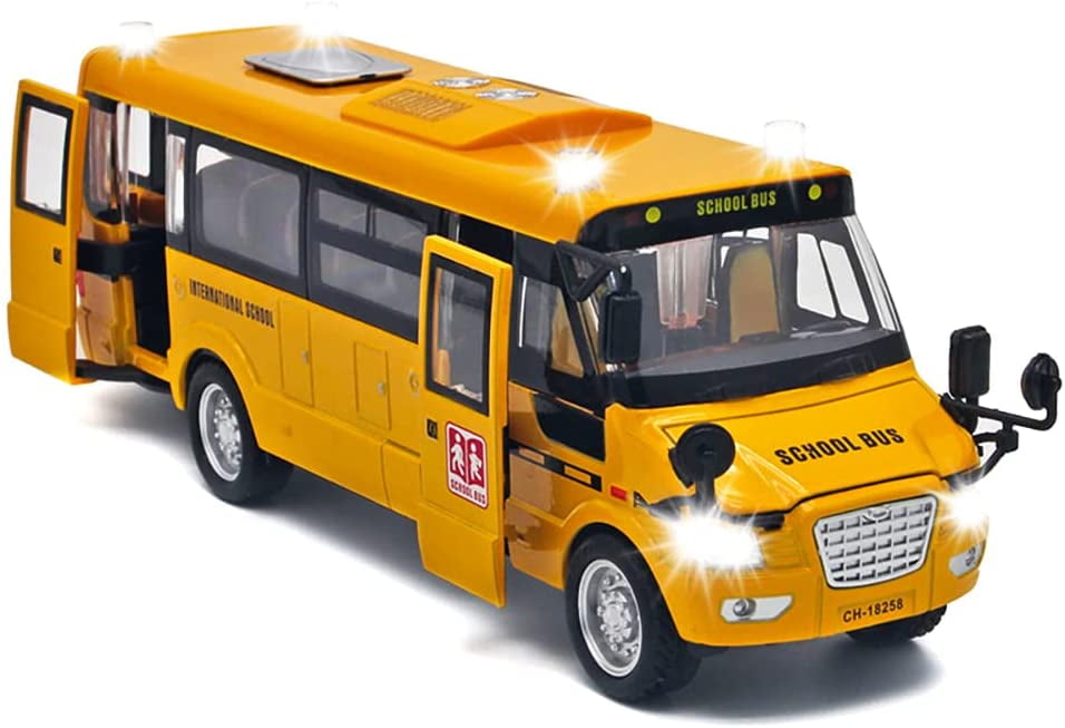 School Bus Toy for Toddlers 9" Diecast Pull Back Cars with Sounds Lights and Openable Doors