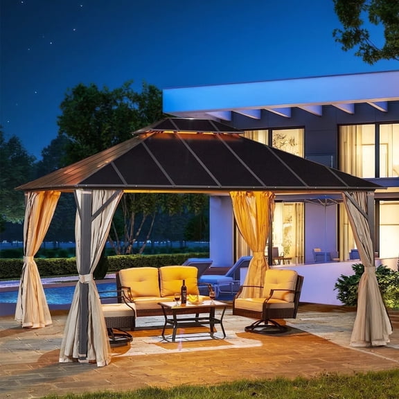 EROMMY 12'x14' Outdoor Hardtop Gazebo Patio Furniture, Aluminum Frame Double Roof, Privacy Curtains and Premium Net for Patio Lawn and Garden