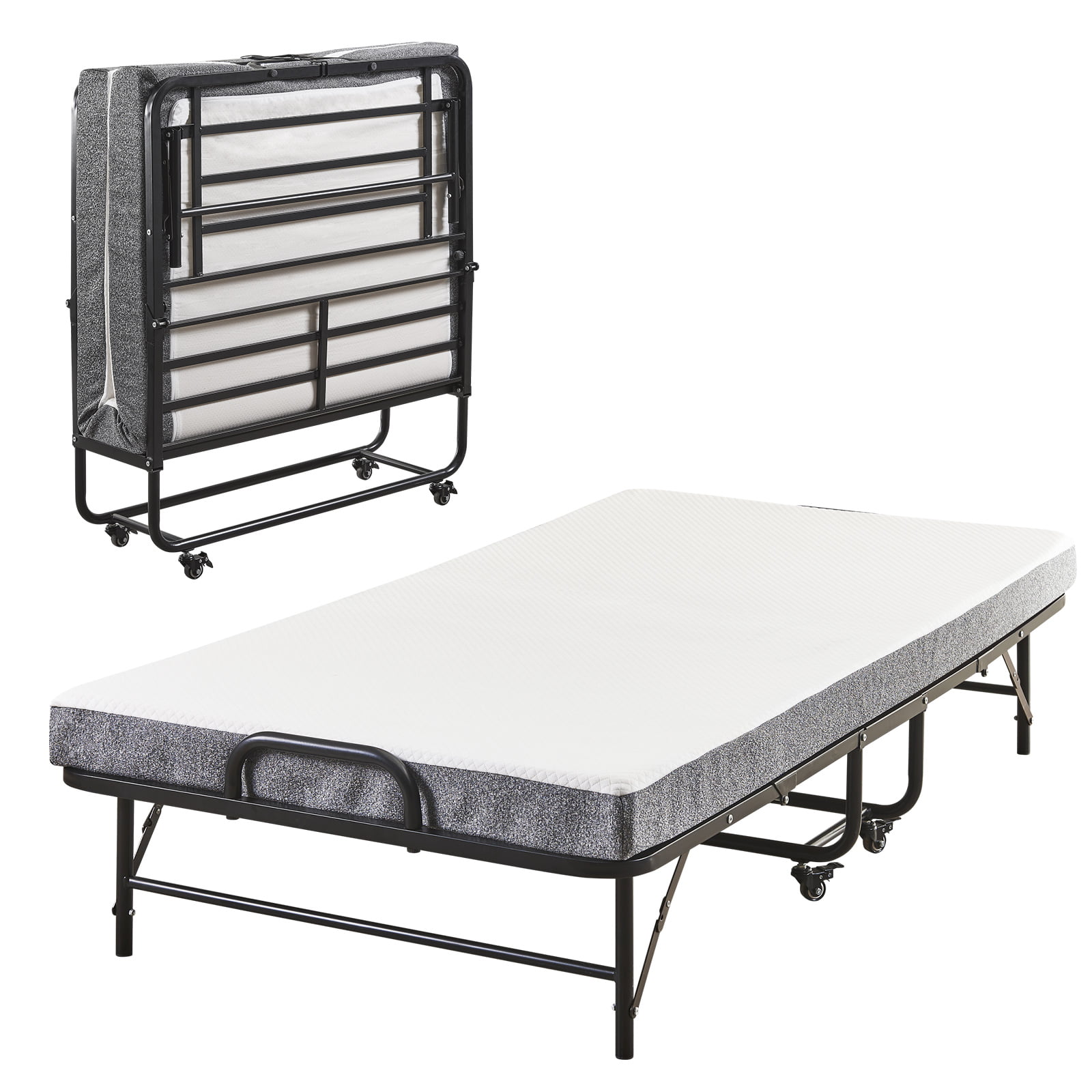 Folding Bed Rollaway Guest Bed Steel Frame With Foam Mattress With Cover 2 Sizes 