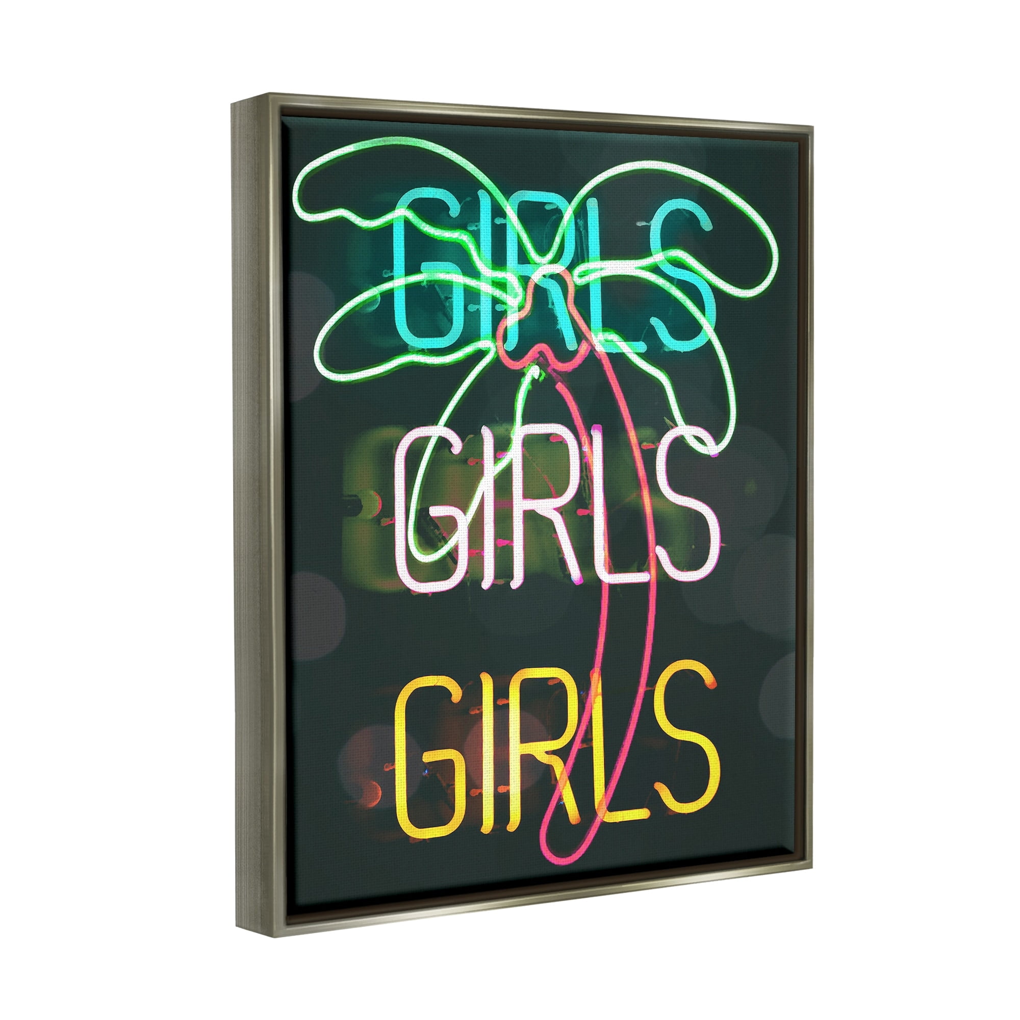 Stupell Industries Girls Neon Style Palm Tree Tropical Design Graphic Art Luster Gray Floating Framed Canvas Print Wall Art, Design by Daphne Polselli