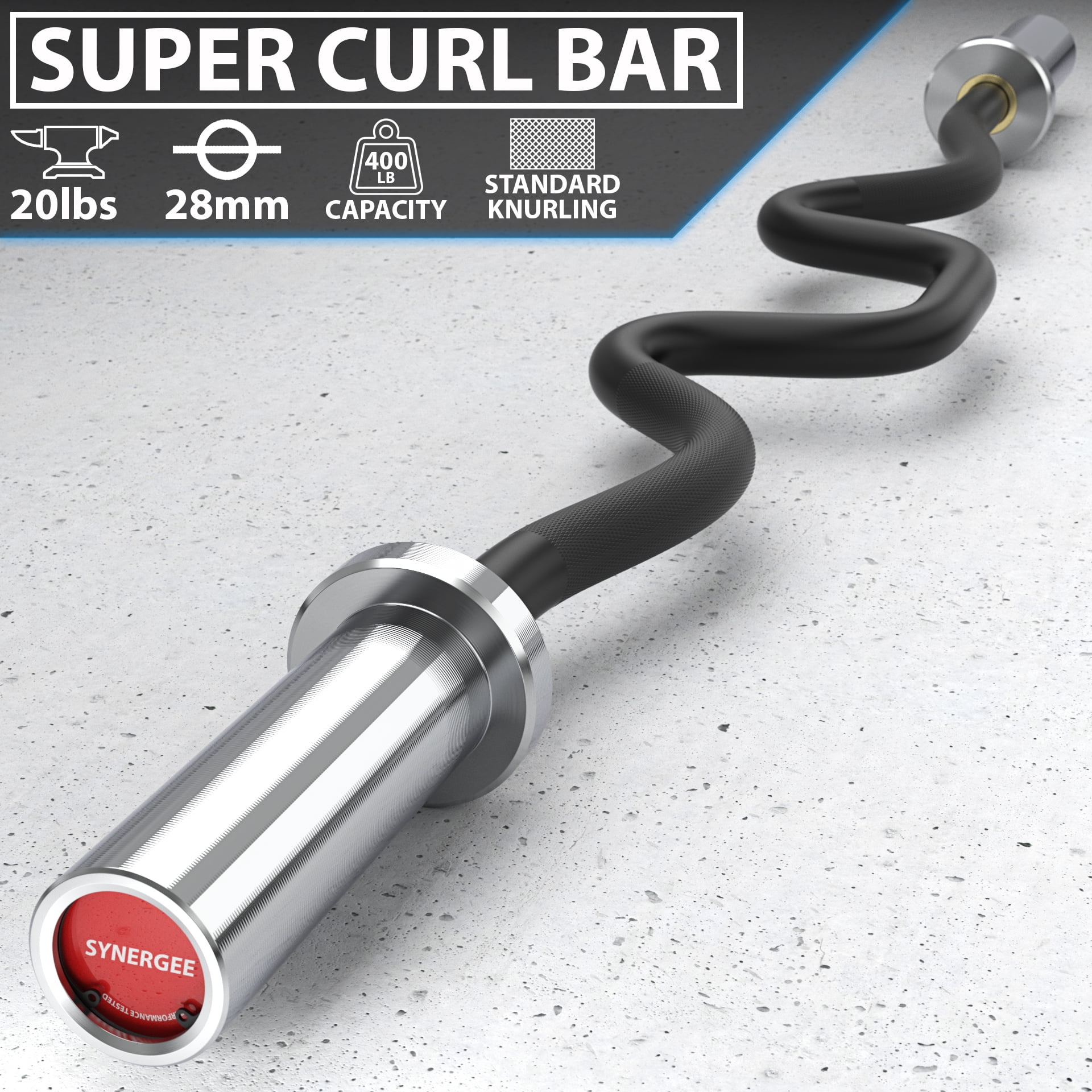 Synergee Commercial Super Easy Curl Olympic Bar Chrome Sleeves and Black Phosphate Shaft Excellent for Bicep Curls and Triceps Extensions