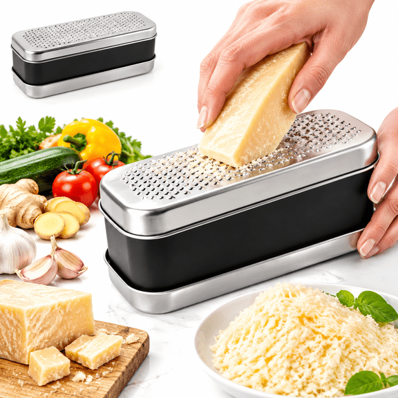 Stainless Steel Double-Sided Cheese Grater with Container, Portable Vegetable and Fruit Shredder for Ginger Garlic Hard Cheeses, Kitchen Gadget Black