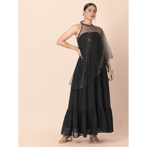 Indya Women's Black Mukaish Foil One Shoulder Kurta