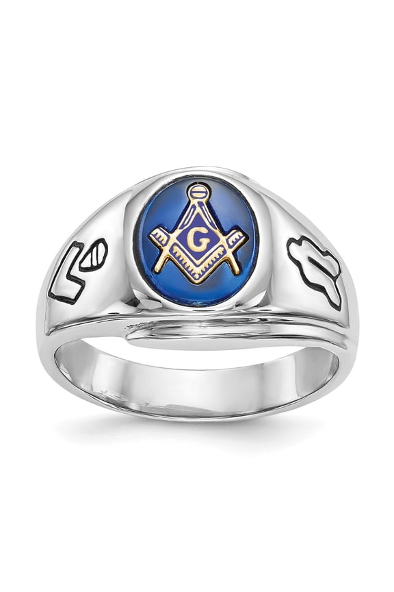 14k White Gold Ring Mens Spinel Men's Polished, Antiqued and Grooved with Imitation Blue Masonic