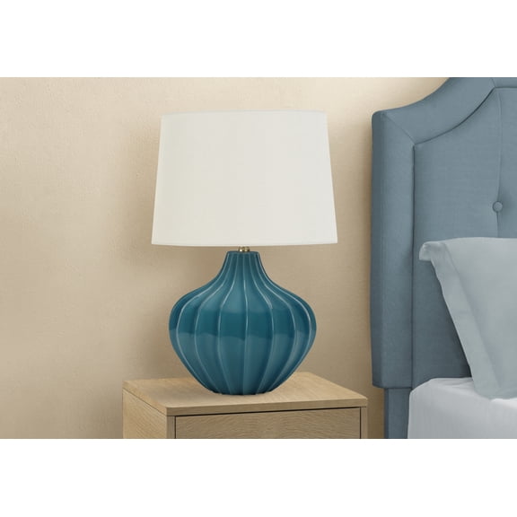 24" Blue Ceramic Gourd Table Lamp With Cream Empire Shade