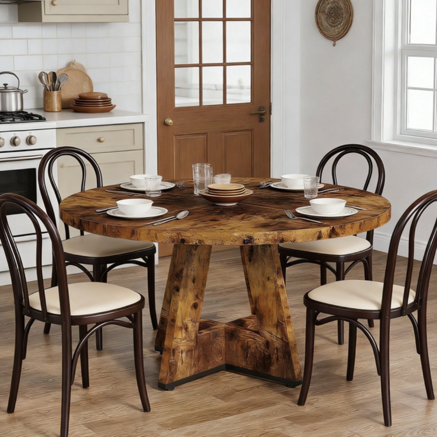 Farmhouse Round Dining Table, 47 in Diameter, Rustic Finish, Seats 4