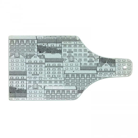 German Cutting Board, Hand Drawn German Style Houses Monochrome European Architecture Sketch Image, Tempered Glass Cutting and Serving Board, Wine Bottle Shape, Black and White, by Ambesonne