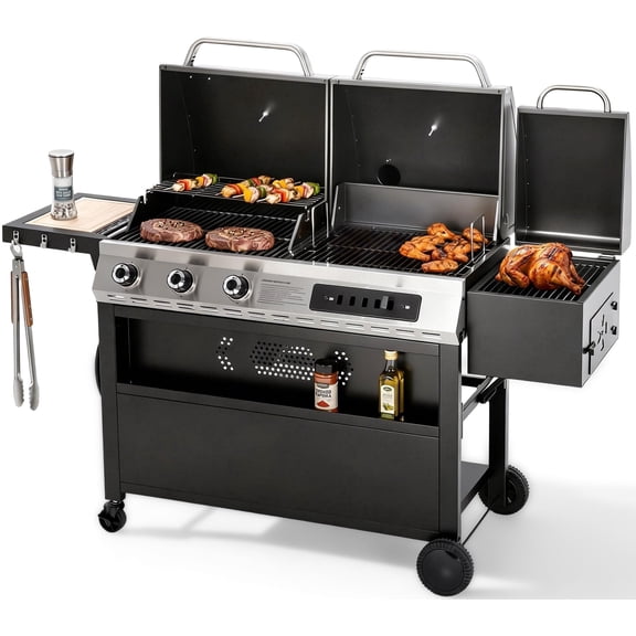 MF Studio 3-Burner Gas and Charcoal Combo Grill with Offset Smoker Large Dual Fuel BBQ Grill for Outdoor