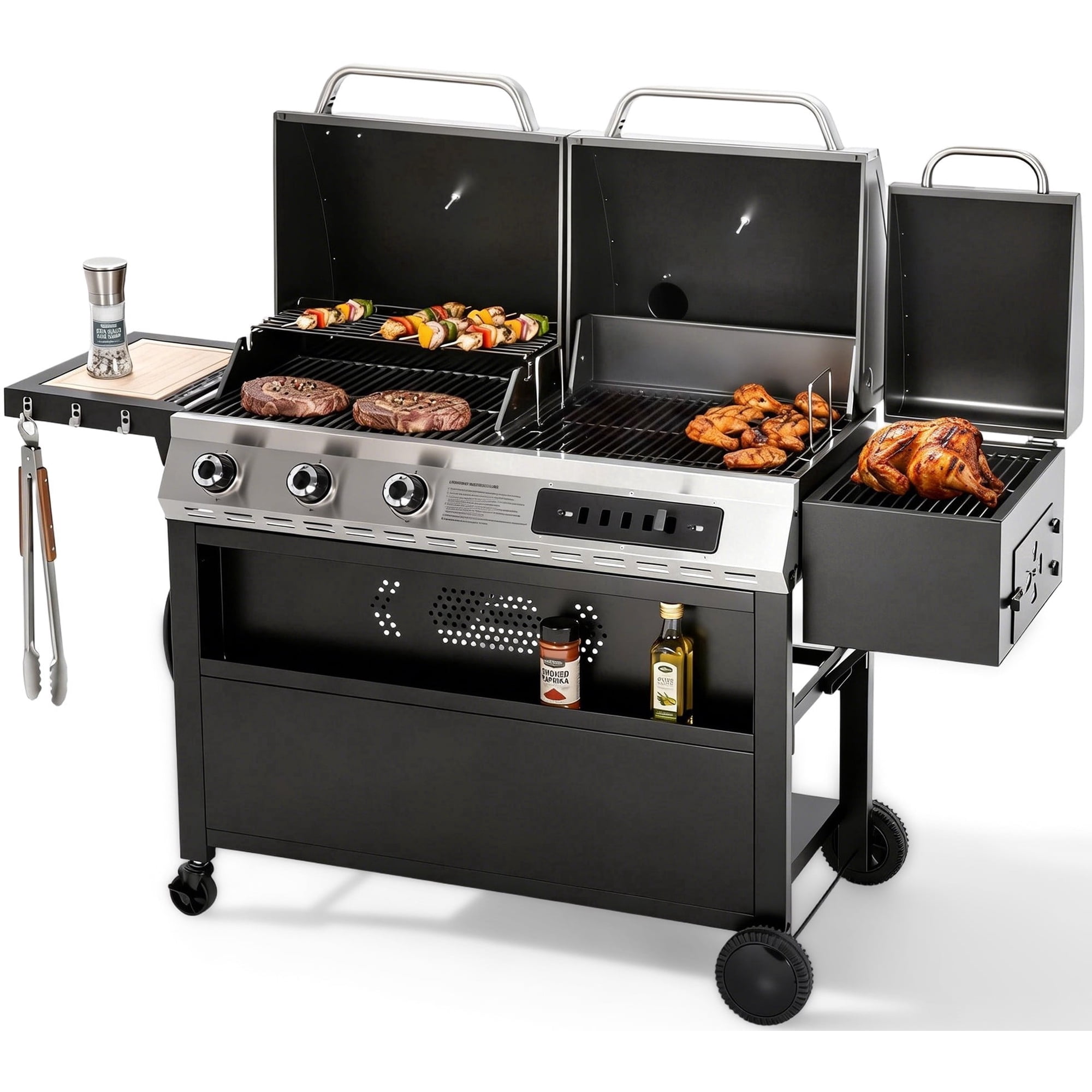 MF Studio 3-Burner Gas and Charcoal Combo Grill with Offset Smoker Large Dual Fuel BBQ Grill for Outdoor