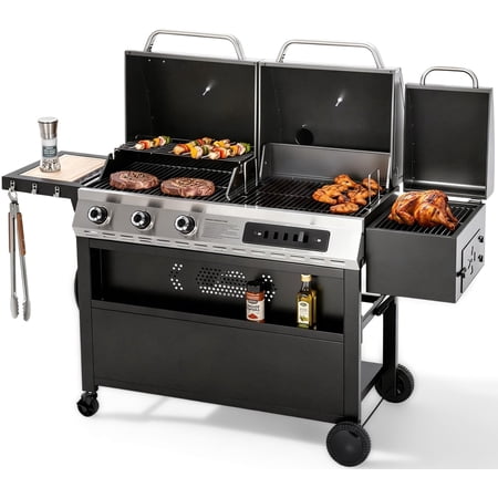 MF Studio 3-Burner Gas and Charcoal Combo Grill with Offset Smoker Large Dual Fuel BBQ Grill for Outdoor