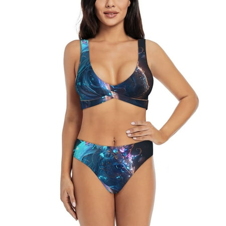 Zeuib Crystal Pattern White Horse High Waisted Tummy Control Bikini Set - Knot Front Push Up Top & Cheeky Thong Bottom  Two-Piece Swimsuit for Women-Medium