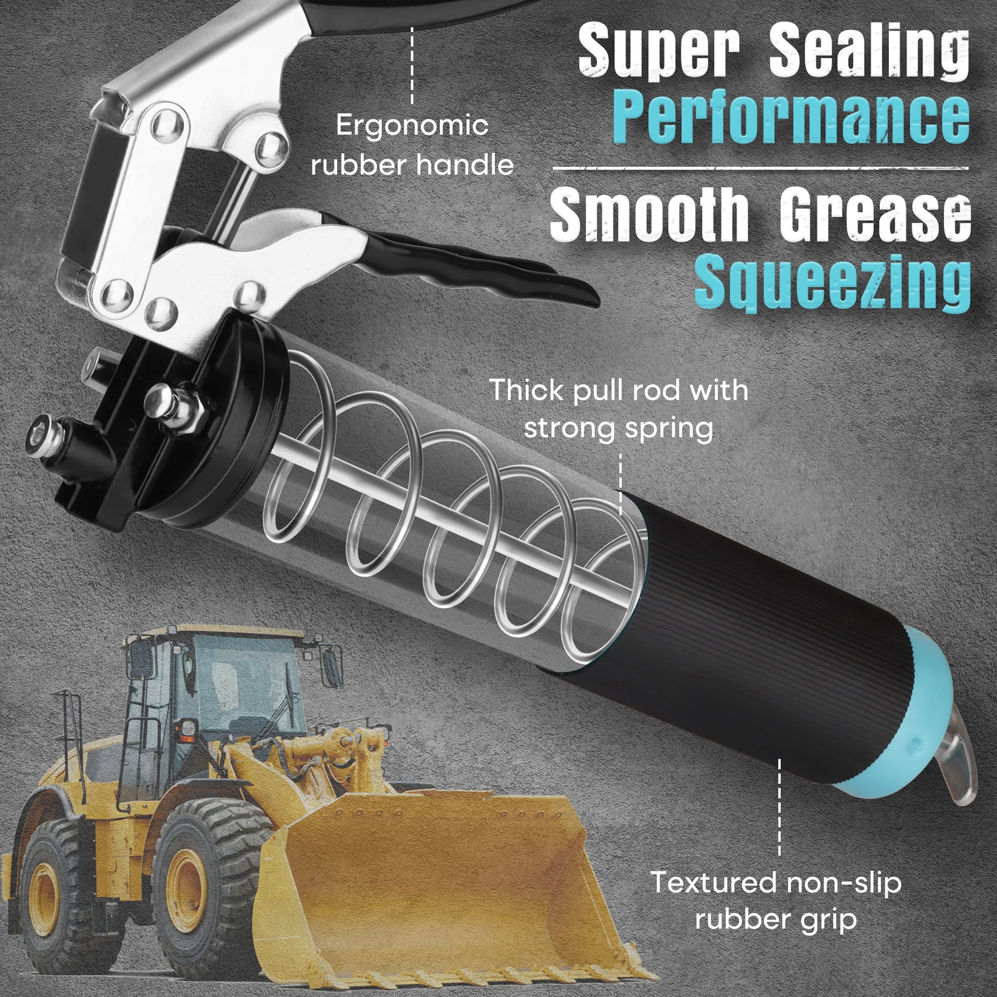 SHALL Grease Gun, 7000 PSI Heavy Duty Pistol Grip Grease Gun Kit w/Grease Gun Coupler, 18” Spring Flex Hose, Reinforced Coupler, 2 Extension Rigid Pipe, Sharp Nozzle, Fittings Cleaner | 14oz Load