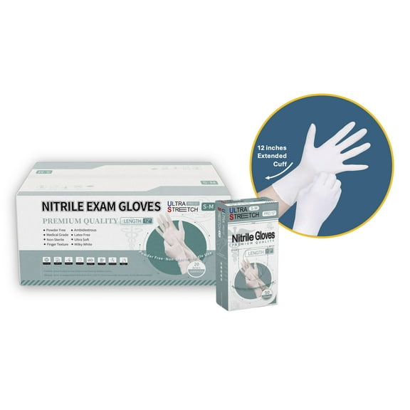 Ultra Stretch Professional 12 inch White Nitrile Exam Gloves, 7 Mil, Disposable Gloves, THE ORIGINAL Nitrile, Medical, Food Service, Cleaning, 1,000 Pieces/Case, Medium
