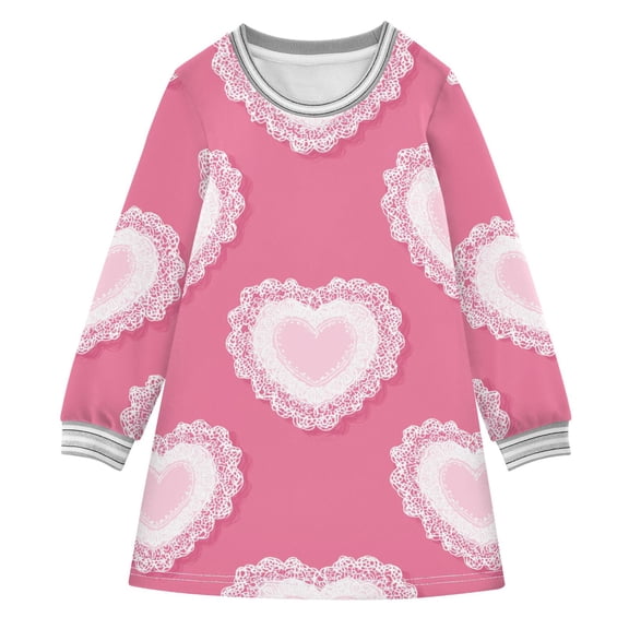 Pink Valentine Hearts with Lace Long-sleeved Dress A-line One-Piece Dress for 2-8 Years Casual Party 2T