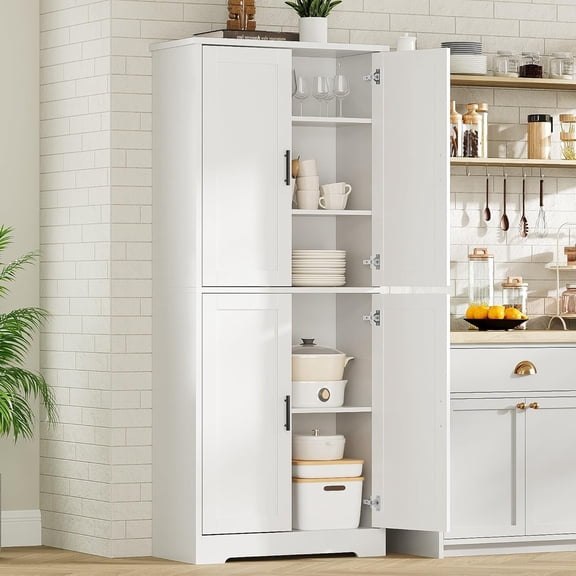 Kitchen Pantry Cabinet, Pantry Storage Cabinet with Doors and Shelves, 70 in Freestanding Cupboard, Modern Tall Cabinet for Bathroom, Dining Room, Living Room, White