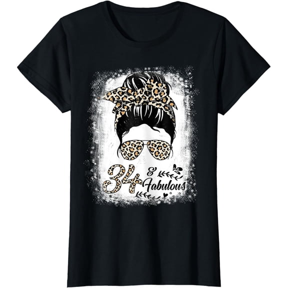 34 Years Old Fabulous Messy Bun Leopard 34th Birthday T-Shirt