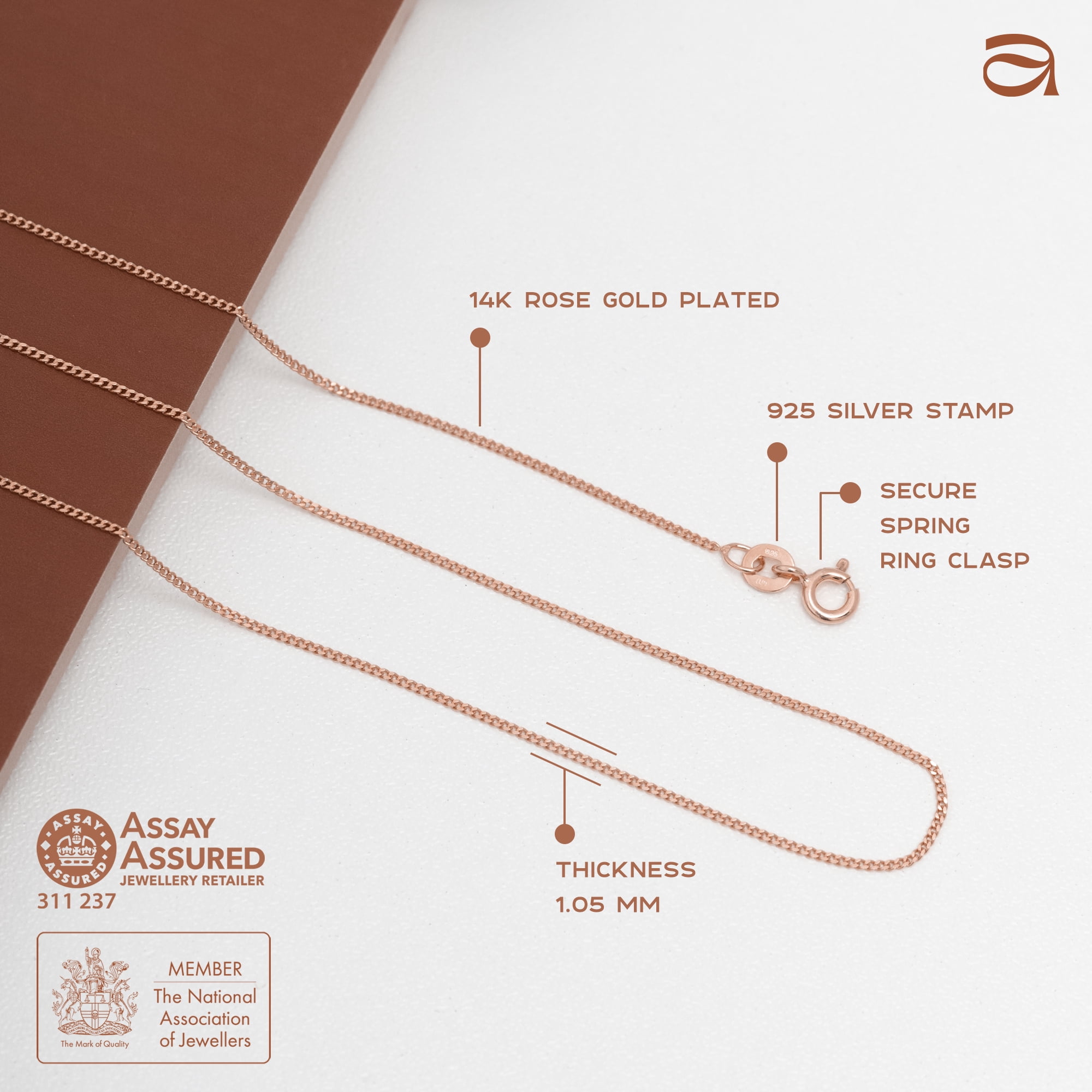 Amberta 14K Rose Gold Plated 925 Sterling Silver 1.05 mm Curb Chain Necklace: Rose Gold Necklace 16 inch / 40 cm