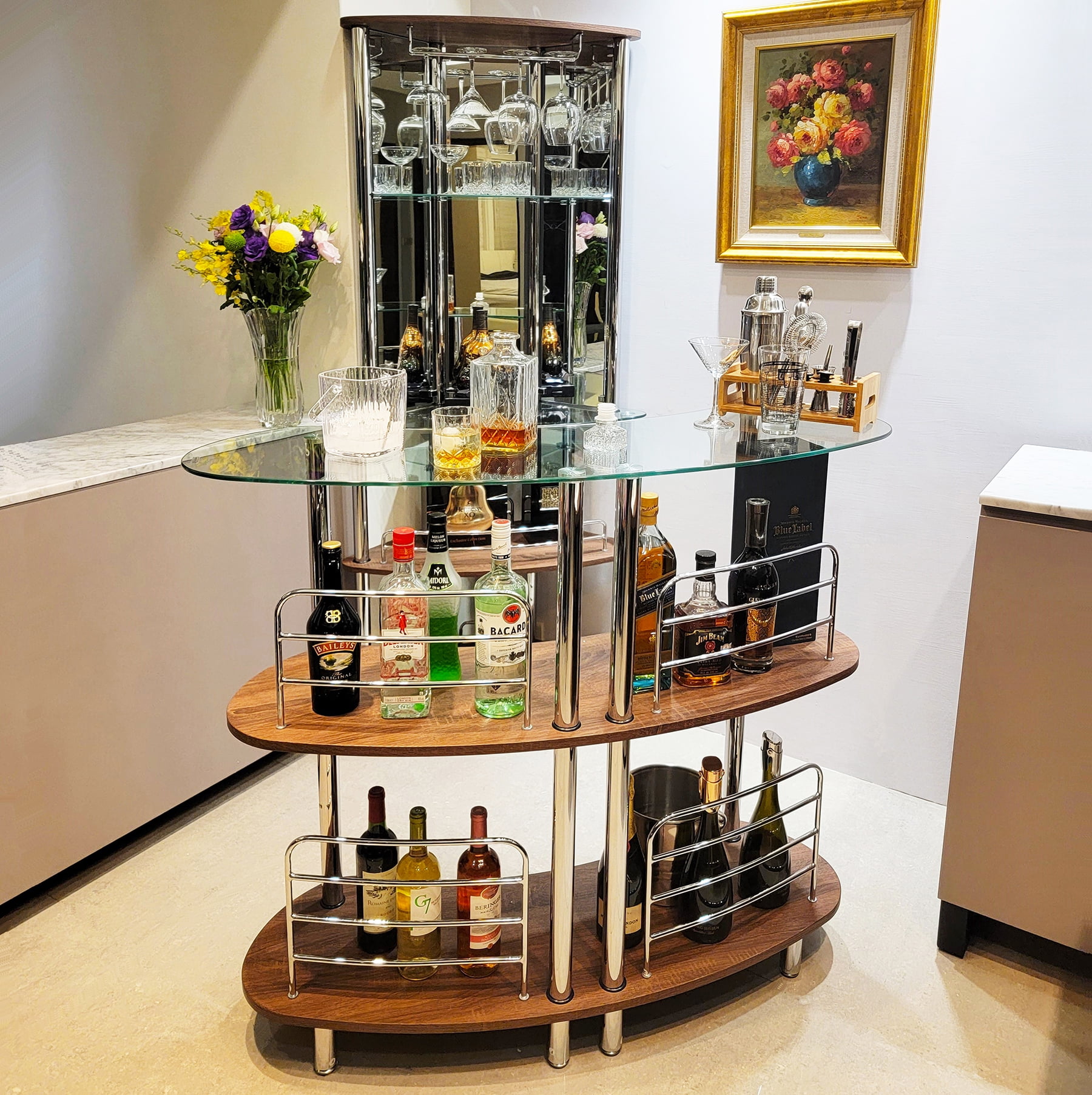 Mango Steam Modern Home Liquor Mini Bar Catalina Table For Home  (Tower Bar, Clear and Brown)