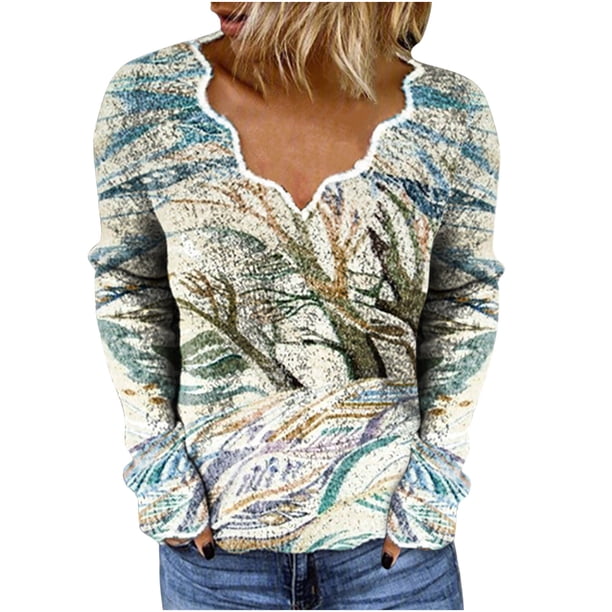 Blusa bordada de manga larga con cuello en V y estampado informal retro para mujer Pompotops gfhjh11211