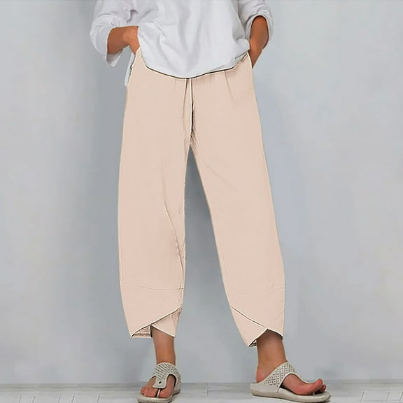 WIZUTIZ Dress Pants Women Breathable Trendy Loose Wide Leg Beach Pants Spandex Elastic High Waist Full Length Beach Pants Solid Asymmetrical Cropped Summer Pants for Ladies Hiking Date Beige
