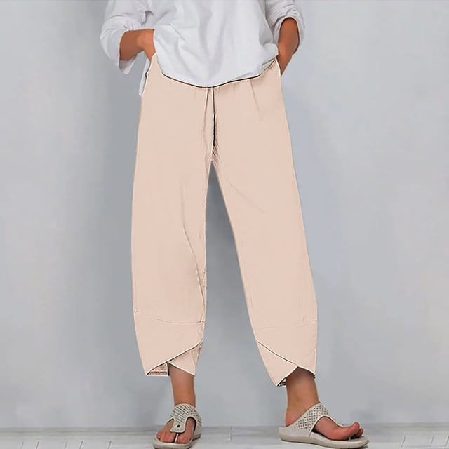 RXIRUCGD Women's Summer Comfortable Loose Wide Legged Fashion Solid Color Capris, Beige, Size: M