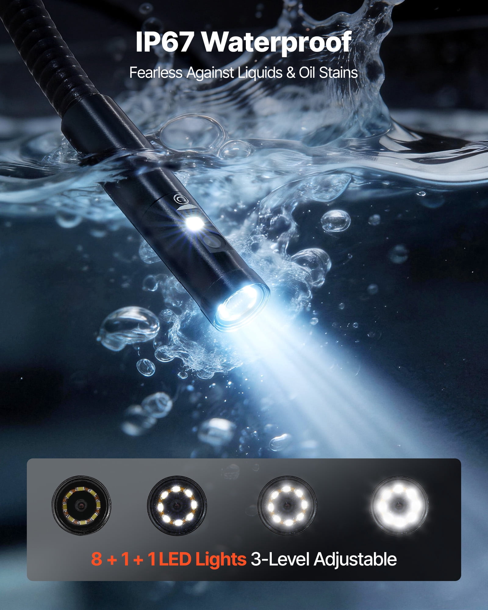 VEVOR Triple Lens Endoscope with Dual-Cable Setup, Industrial Borescope with Light, 7" HD IPS Spilt-Screen, 8 + 2 LEDs, 8X Zoom, IP67 Waterproof Snake Camera for Auto, Plumbing(16.4FT + 9.8FT Cables)