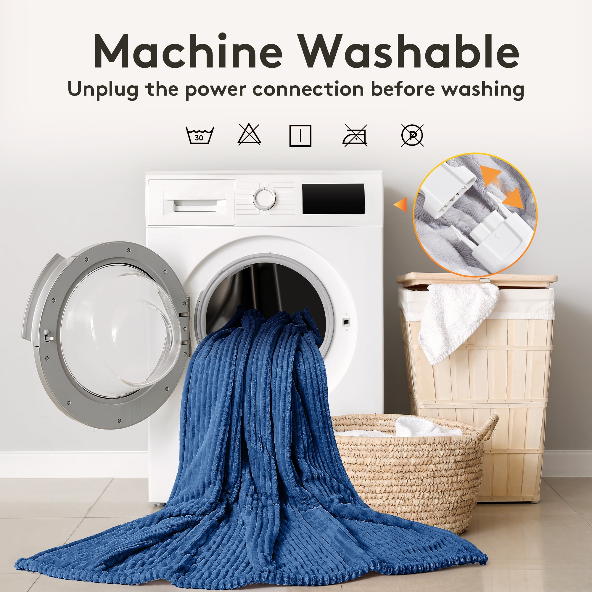 Vccoem Electric Heated Blanket Throw 50"x60", 9 Heat Levels & 2 to 10 Hours Auto Shut-Off, Over-Heat Protection, Soft Ribbed Flannel to Sherpa, Machine Washable, Navy