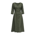 thumbnail image 4 of CHGBMOK Cotton Linen Dresses for Women 3/4 Sleeve V Neck Button Down Dress Cinched Waist Flared Fall Maxi Dress, 4 of 7
