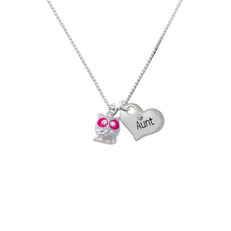 Eyed Owl Pendant - Silvertone Owl with Hot Pink & Clear Crystal Eyes Aunt Heart Necklace