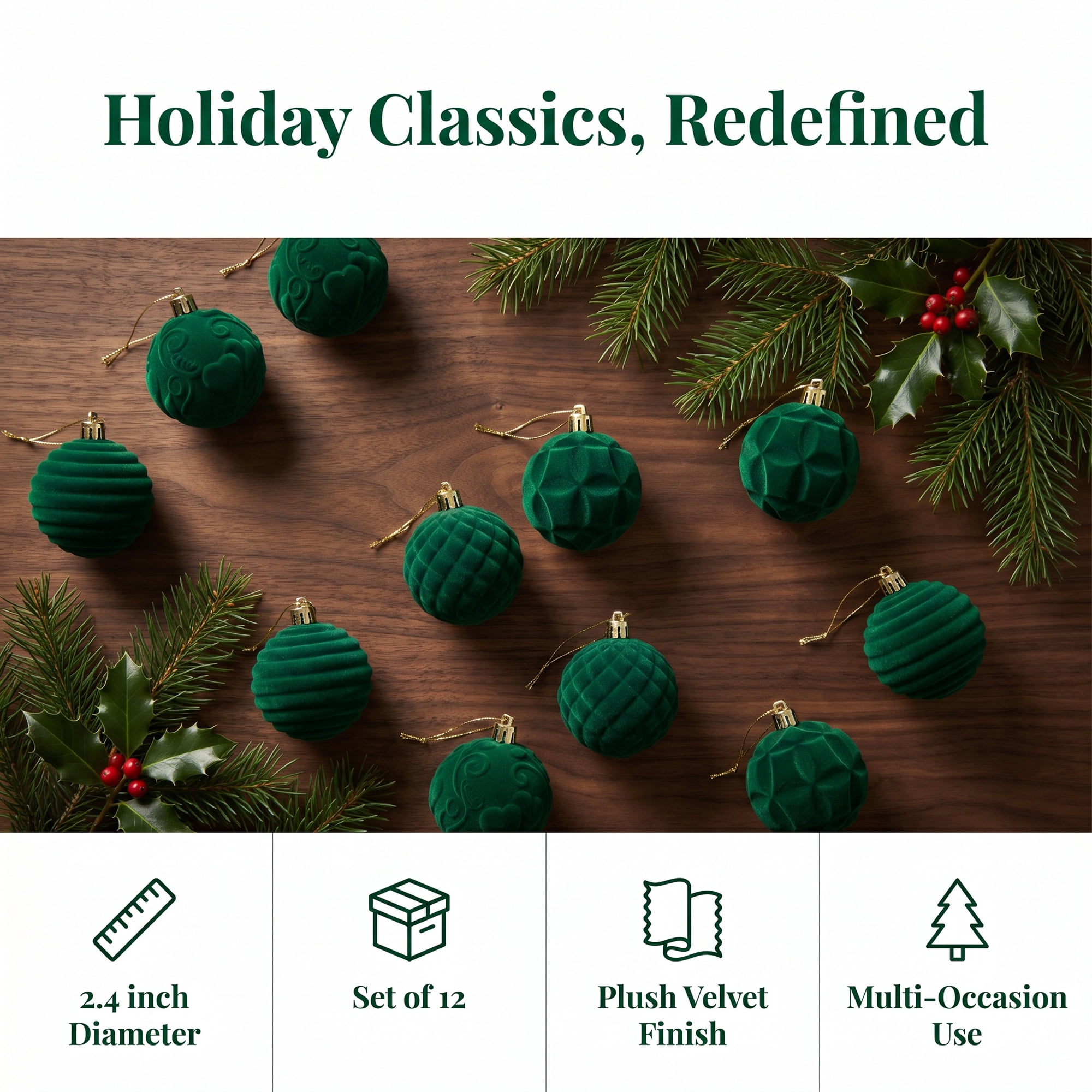 Unique Bargains Velvet Christmas 12 Pack Flocked Sphere Orbs Luxury Ornaments Green 2.4"