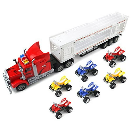 Best Power Transporter Trailer Children's Friction Toy Semi Truck Ready To Run w/ 6 Toy ATVs (Colors May (Best Toy Hauler Travel Trailer Reviews)