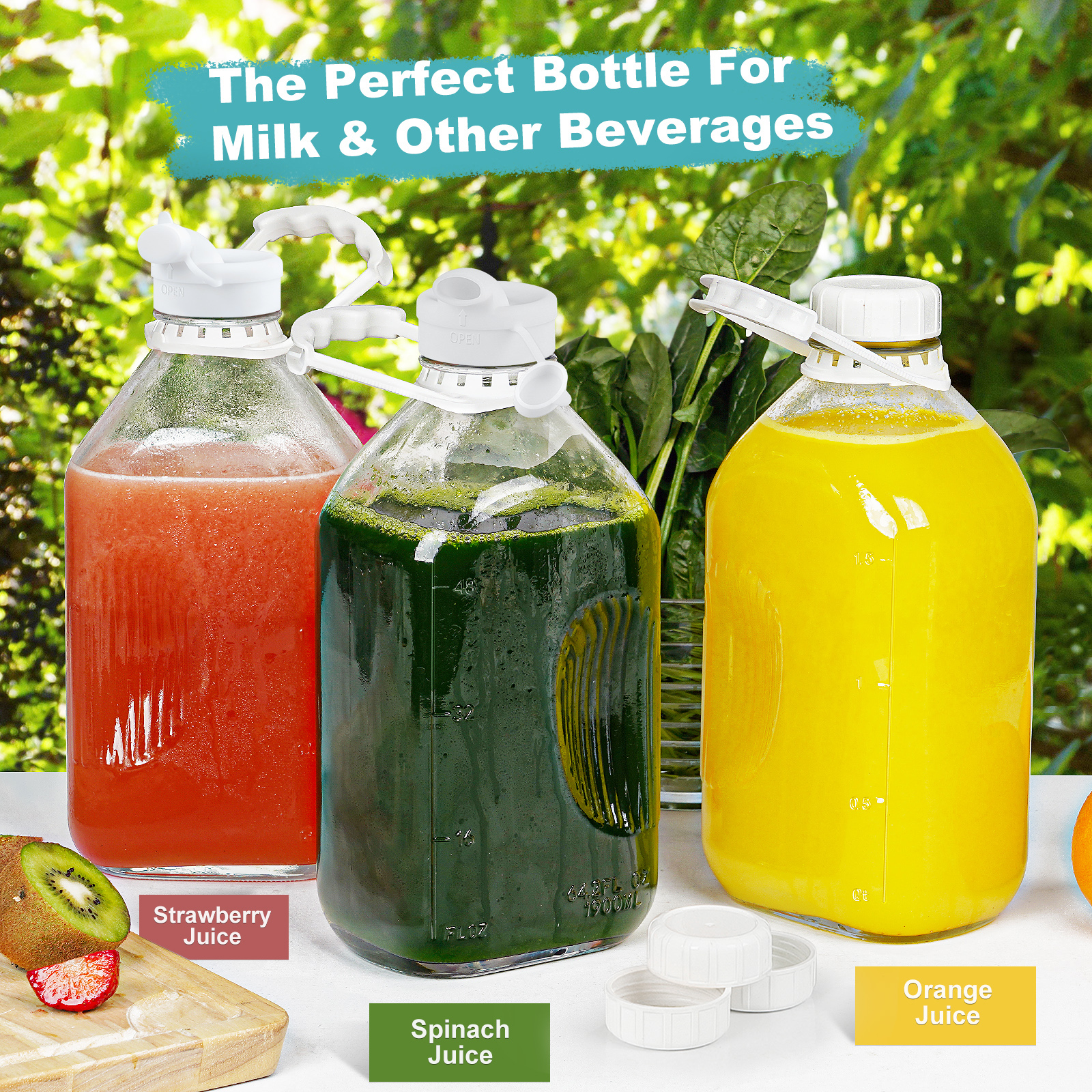 Syntic 4 Pack Glass Milk Bottles with Handle and Airtight Reusable Screw Lids, 1/2 Gal Glass Water & Juice Bottles with 2 Pour Spouts, 64 Oz Milk Jug Pitcher