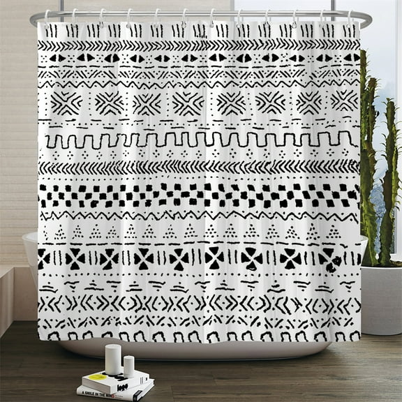 Black White Wave Stripe Geometric Bathroom Shower Curtains Frabic Waterproof Pol