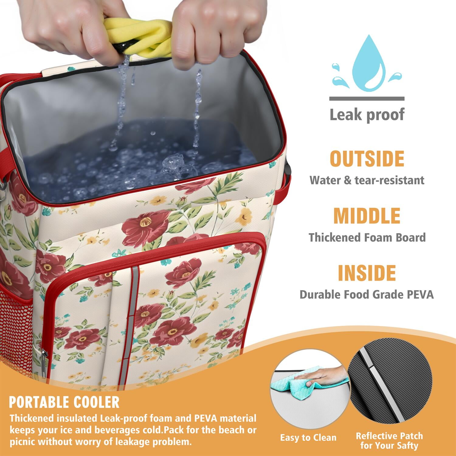 Travel Cooler Bag - Pioneer Flower Floral Print Pattern Camping Beer Cooler Backpack with Bottle Opener- Waterproof Insulated Picnic Backpacks - Cooler Bag for Beach