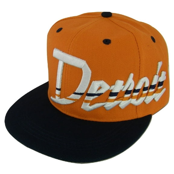 Detroit Offset Jagged Script Adult Size Adjustable Snapback Baseball Cap (Orange/Navy)