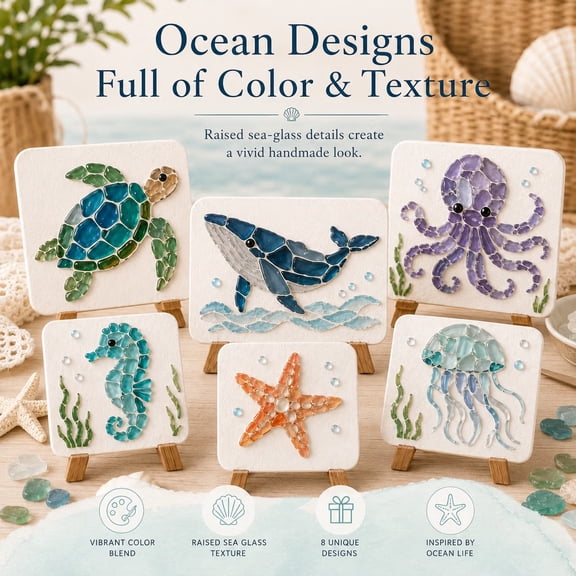DIY Sea Glass Mosaic Art Kit for Adults Ocean Theme Coastal Home Decor, Creative Handmade Craft Set with Sea Turtle Dolphin Whale, 8×10in