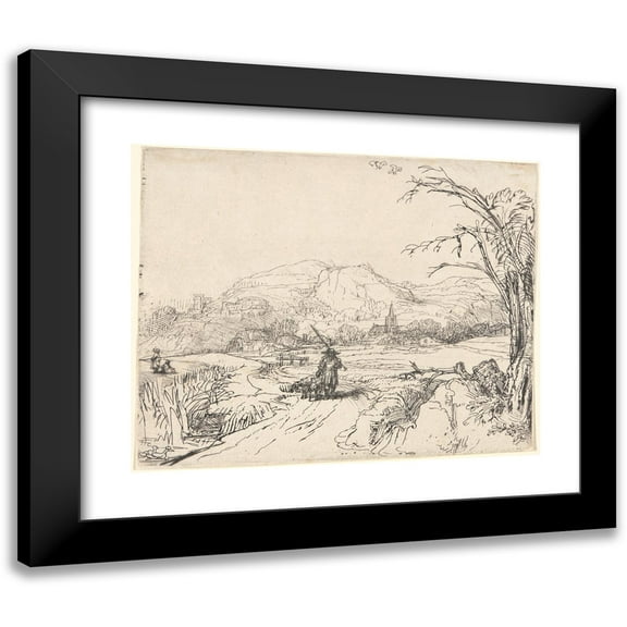 Rembrandt van Rijn 14x12 Black Modern Framed Museum Art Print Titled - Landscape with a Sportsman and Dog (ca. 1653)