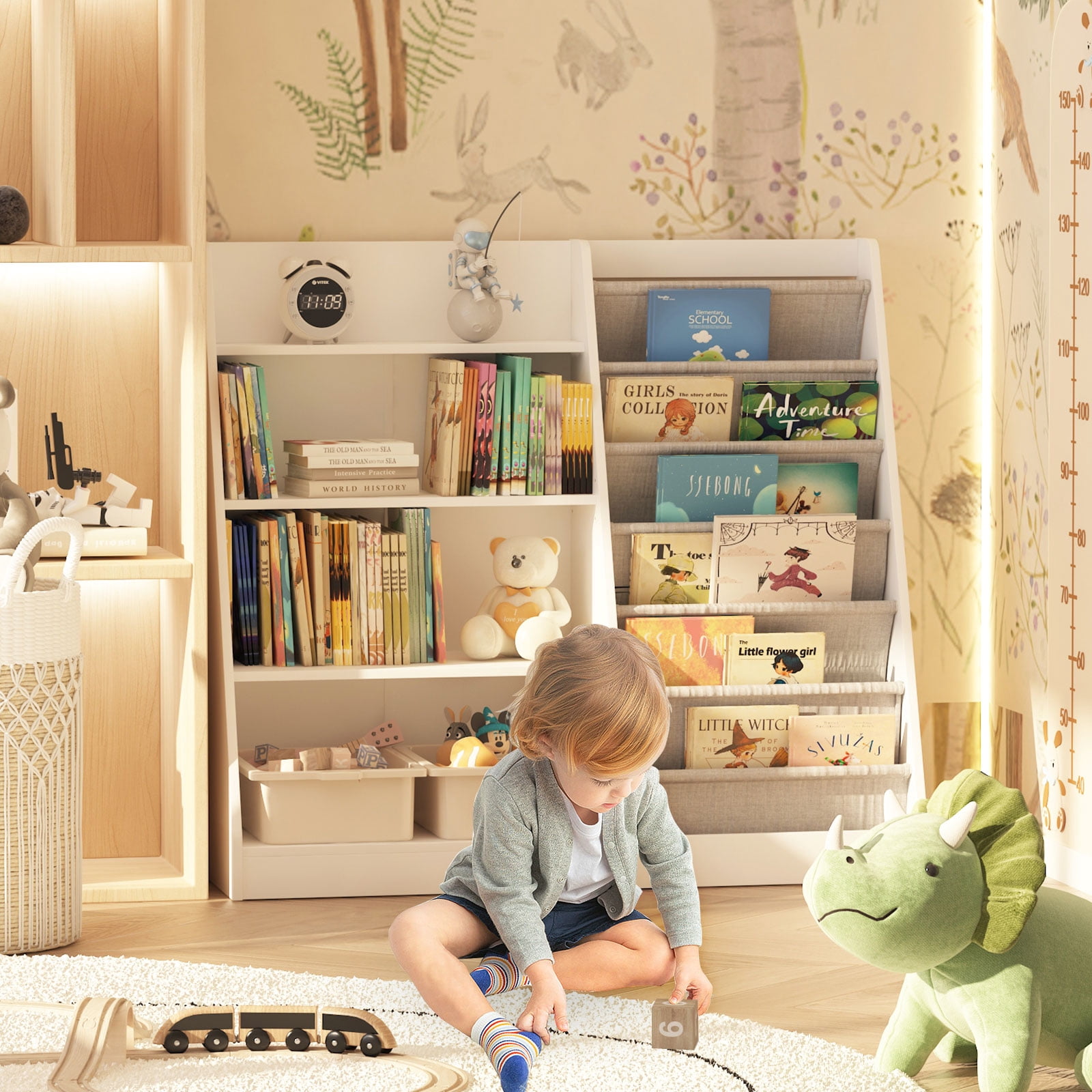 Hironpal Large 6 Layer Sling Kids Bookshelf, 4 Tier Wooden Children Toy Organizer Cabinet for Playroom Nursery Classroom Library