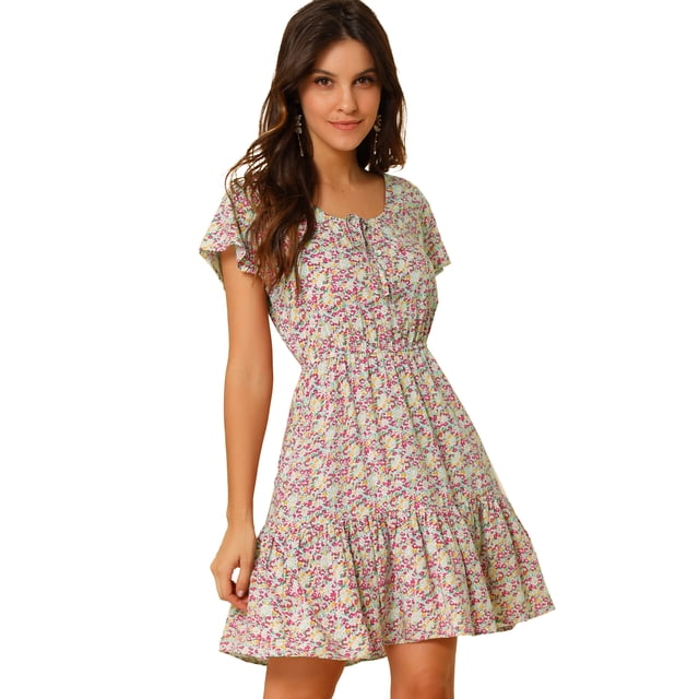 INSPIRE CHIC Robes à Manches Flottantes Florales pour Femmes Taille Élastique Ourlet à Volants en Ligne