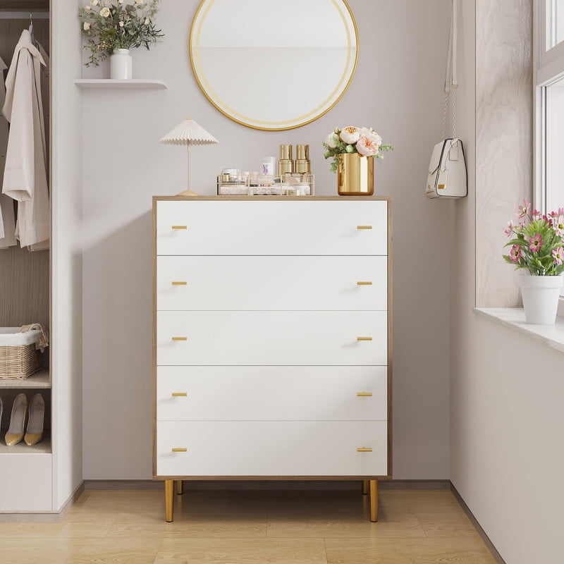 TROPOW 5 Drawers Dresser for Bedroom, 31.5" Wide Wood Rustic Chest of Drawers with Bar Handles, Vintage Design, Storage Dressers Organizer for Bedroom, Living Room, Hallway