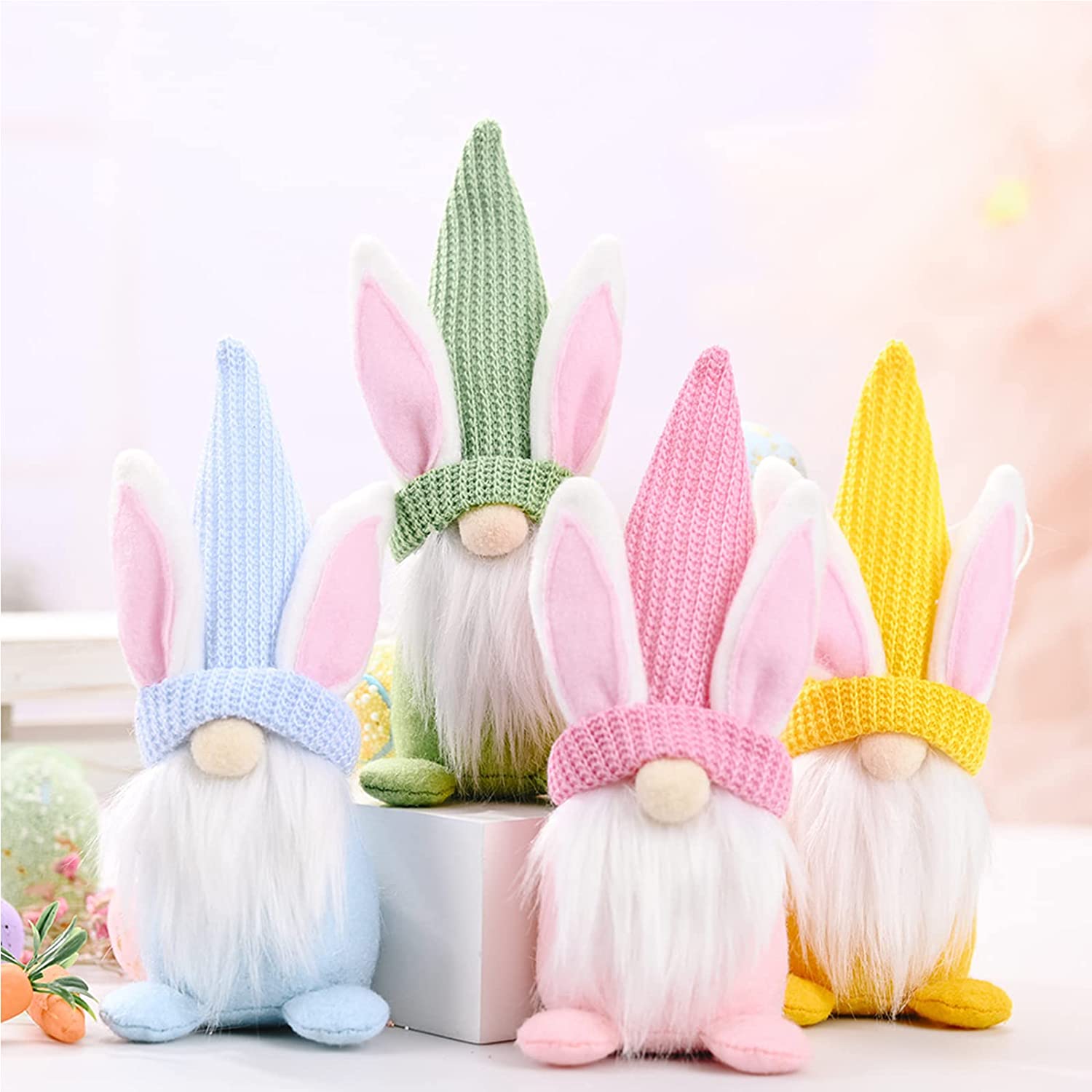 4 Pack Easter Bunny Gnomes, 7.5 Inch Handmade Easter Gnomes Decor