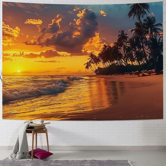 PRATYUS Beach Tapestries Wall Hanging, Beach Coastal Sunset Waves Palm Trees landscape Printed Wall Tapestries Room Decor, Tapestry for Bedroom Living Room Dormitory Painting