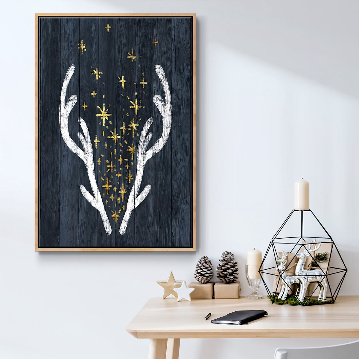 Antlers & Magic - Framed Gallery Wrapped Holiday Canvas - 17 x 25 - Natural Wood Frame
