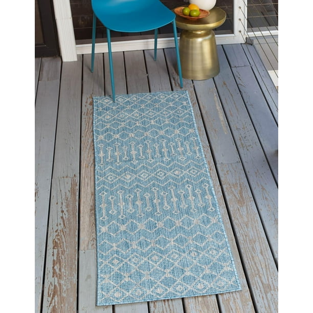Unique Loom Tribal Trellis Indoor/Outdoor Trellis Rug Aqua/Ivory 2' x 6