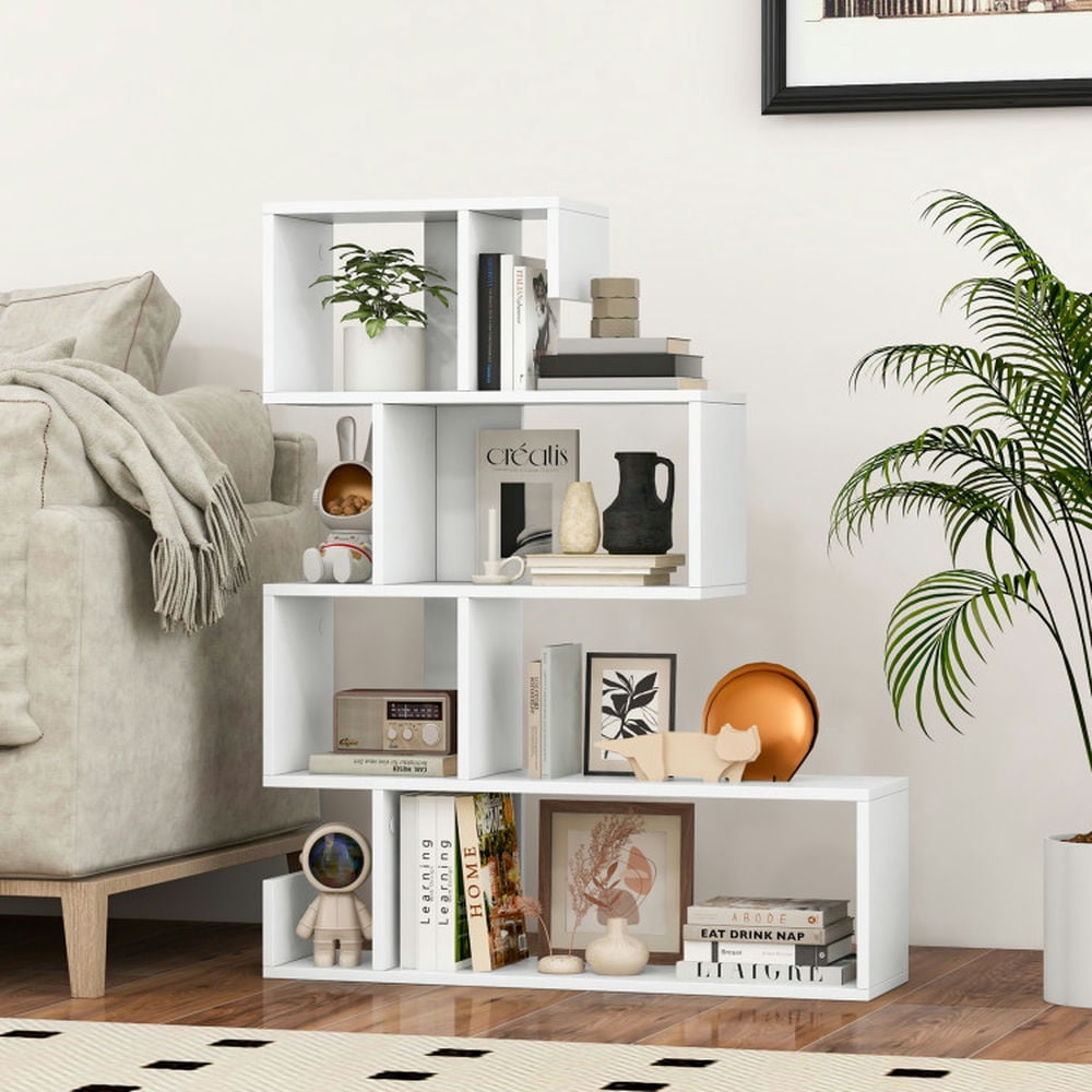 GVN Bookcases,5-Tier S-Shaped Bookshelf Geometric Z-Shelf Bookcase with Open Cubes-White