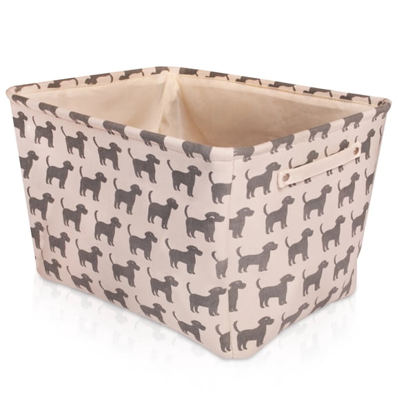 Dog Toy Rectangular Canvas w/Handles Storage Basket Organizer Bin Box 7.5x16x12 - White with Gray Dog Print