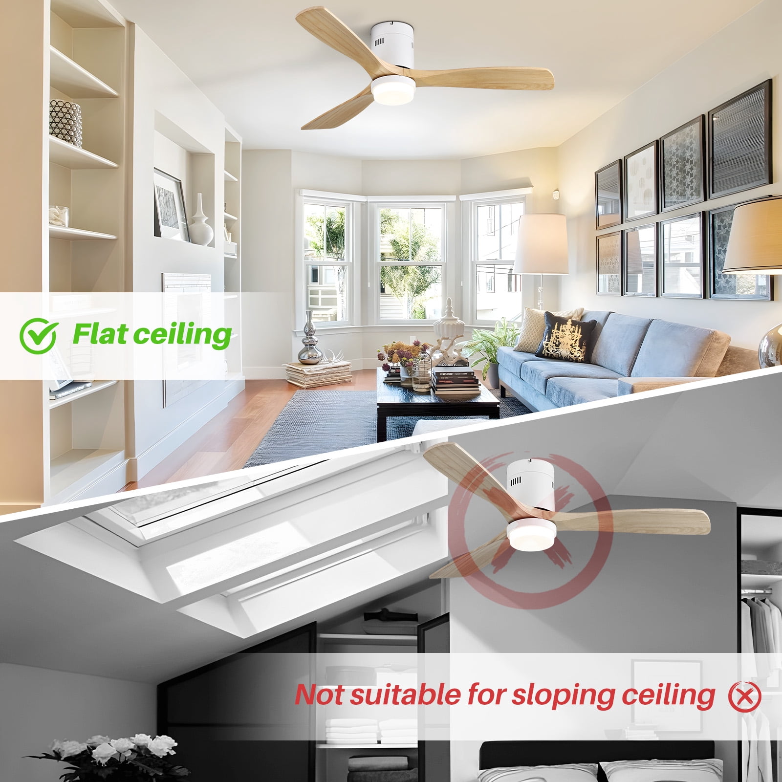 Sofucor 52" Flush Mount Cool Ceiling Fans with Dimmable Light and Remote Control, 3 Light Brown Blades