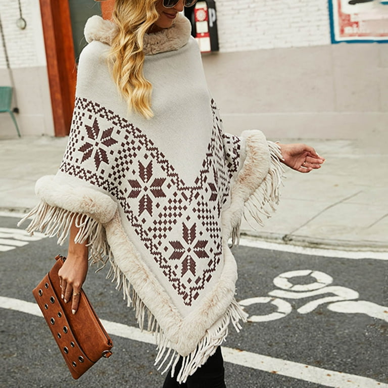 Hfyihgf Womens Turtleneck Poncho Sweater Shawls Capes Irregular Fringed Hem Printed Pullover Capelet Wrap Coats Tops A White Free Size