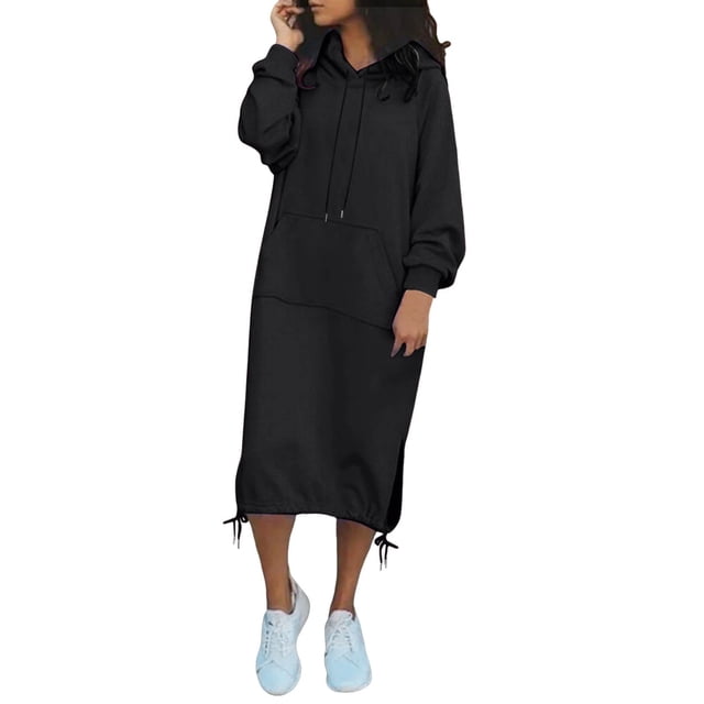 Women's Casual Loose Solid Color Drawstring Hoodie Fall Warm Fleece Sweatshirt Maxi Dress With Pocket
